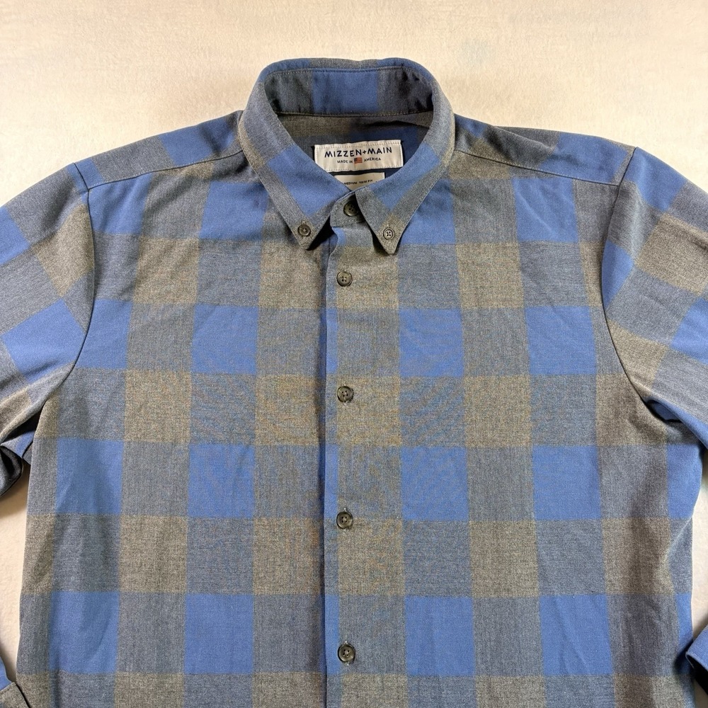 Mizzen + Main Mens Button Down Shirt M Trim Fit Gray Buffalo Plaid USA Stretch